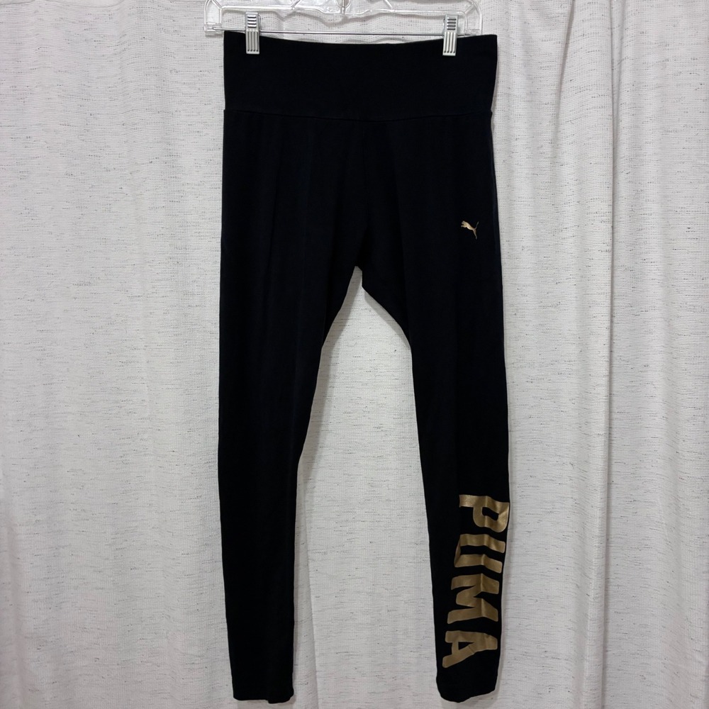 Puma Womens XL Leggings Black Gold Metallic Logo High Waisted Athletic Pants